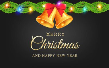 Noel ve Yeni Yıl tebrik kartı, içinde çanlar, Noel ışıkları ve siyah arka planda izole edilmiş köknar dalları olan. Kış kartpostalı