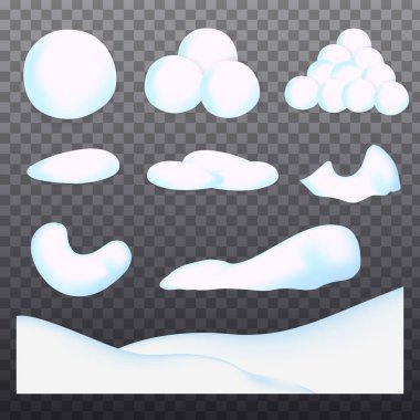 Kar topları, kartopları ve kar yığınları. Vektör karlı yığın, saydam arkaplanda izole edilmiş kar yağışı. Kış dekorasyonu. Çizgi film illüstrasyonu