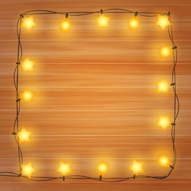 Noel ve Yeni Yıl tasarımı. Ahşap arka plan ve Noel ışıkları çelengi. Vektör illüstrasyonu, bölüm 10