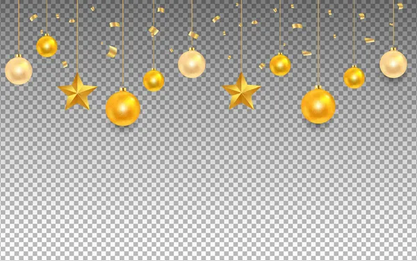 Різдвяний Новорічний Плакат Блискучими Золотими Кульками Зірками Конфетті Прозорому Фоні — стоковий вектор