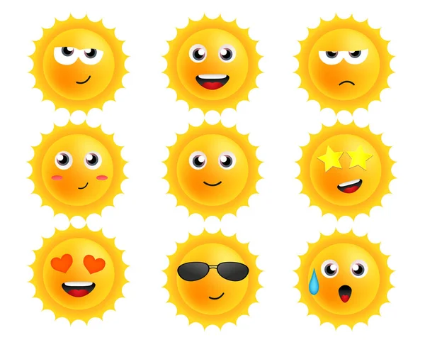 Cartoon Suns Emotions Vector Sticker Set Faces Cute Characters — Stock Vector