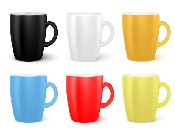 Realistic Cups Set Isolated White Background Mugs Various Colors Coffee — Stock Vector