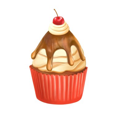 Kremalı ve kirazlı kek. Beyaz arka planda izole edilmiş lezzetli bir tatlı. Vektör izleme Eps10