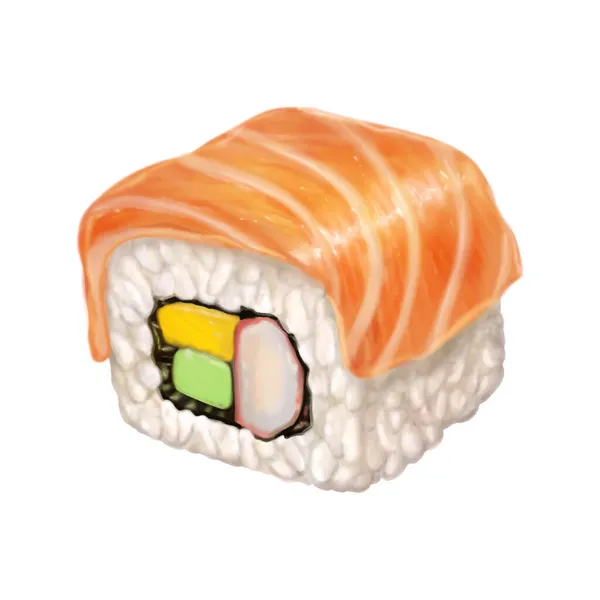 Ilustração Rolo Sushi Realista Com Salmão Abacate Caranguejo Isolado Fundo — Vetor de Stock