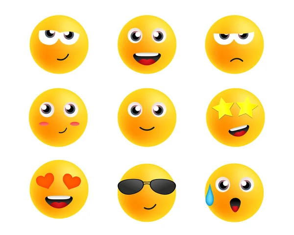 Emoticones Dibujos Animados Lindos Iconos Sonrisas Emoji Vector Conjunto — Vector de stock