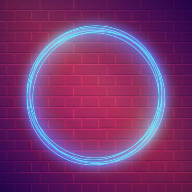 Soyut mavi neon yuvarlak çerçeve üzerinde koyu mor tuğla duvar arkaplanı. Vektör illüstrasyonu EPS10