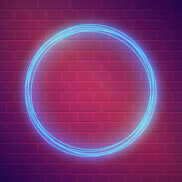 Soyut mavi neon yuvarlak çerçeve üzerinde koyu mor tuğla duvar arkaplanı. Vektör illüstrasyonu EPS10