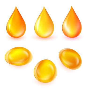 Yağ damlası vektörü ayarlandı. Gerçekçi 3 boyutlu sıvı damlacıklar ve baloncuklar beyaz arka planda izole edilmiş. Altın kolajen özü. Endüstriyel ve petrol kavramı. Omega 3 ikonu ya da ilaç. Vektör EPS10