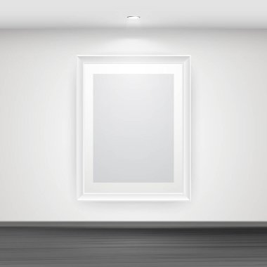 Siyah ahşap zeminin üstündeki duvarda boş beyaz resim çerçevesi. İçerideki galeride. Vektör arkaplan modeli
