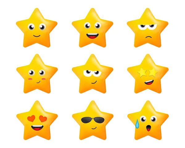 Estrelas Dos Desenhos Animados Com Emoções Adesivo Conjunto Com Rostos —  Vetores de Stock