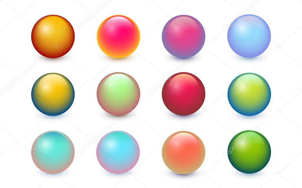 Set of colored balls with glares and shadow on white background. Modern spheres collection with beautiful gradient. Vector balls 3d illustration EPS10