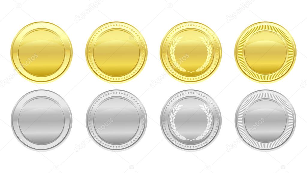 Gold and silver coins collection. Medals logo set. Shiny round awards. Luxury blank frames, decoration emblems. Isolated abstract graphic design template