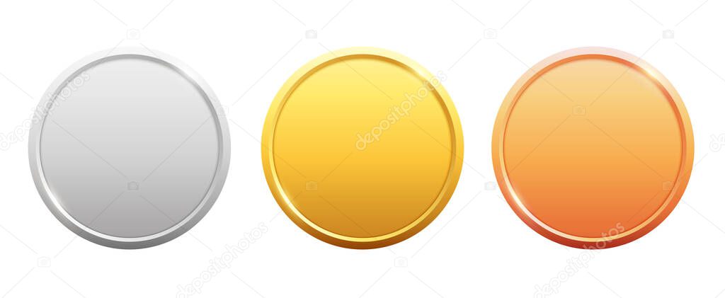 Medals logo collection. Set of shiny round awards in gold, silver and bronze metallic colors. Luxury frames, decoration emblems. Isolated abstract graphic design template