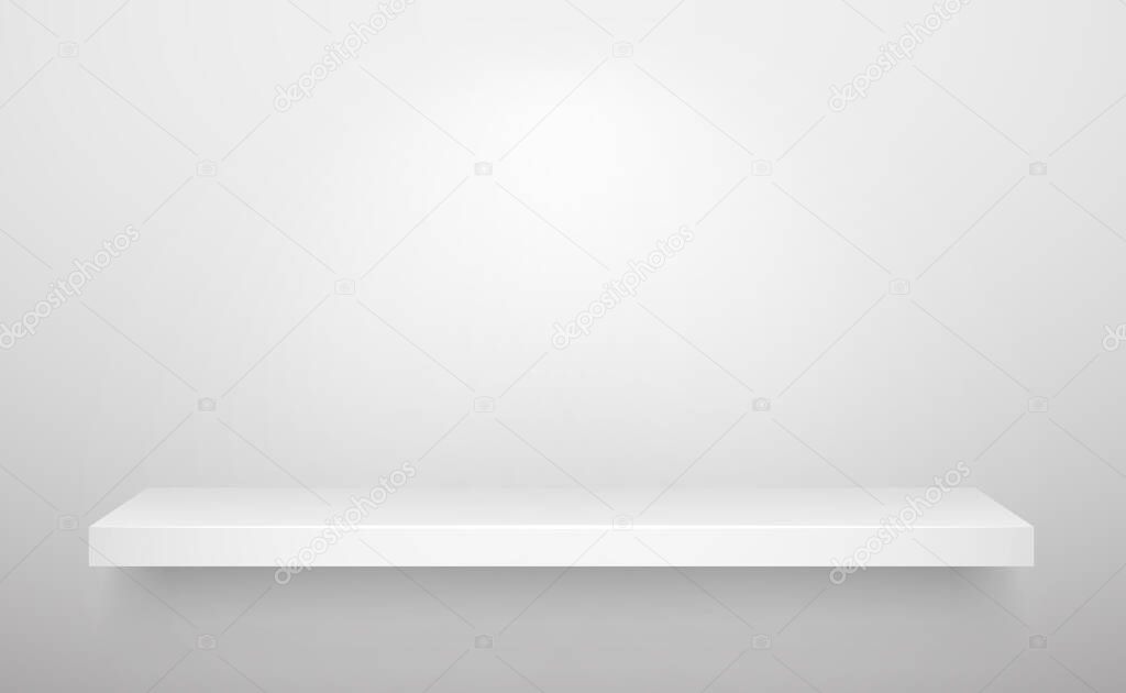 White realistic shelf on white wall. Vector mockup background template