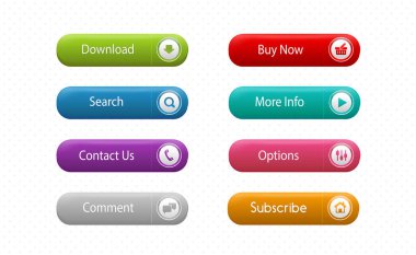 Web sitesi, mobil menü, navigasyon ve uygulamalar için vektör düğmeleri ayarlandı. Basit izole tasarım ögesi UI bileşenleri