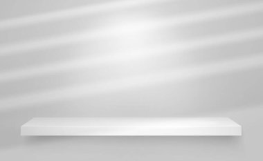 Gri arka planda gölgesi olan beyaz bir raf. Yaz posteri için güneş ışığı efekti. Vektör düzenleme şablonu