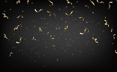 Siyah arka planda izole edilmiş altın rengi konfetiler ve yıldızlar. Doğum günü kutlaması için altın kurdeleler, yeni yıl, yıldönümü tebrik kartları.