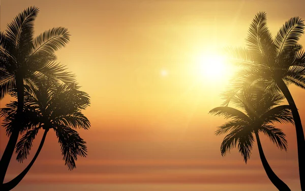 熱帯ビーチサンセットベクトルイラスト 夕日の海に対するヤシの木のシルエット — ストックベクタ