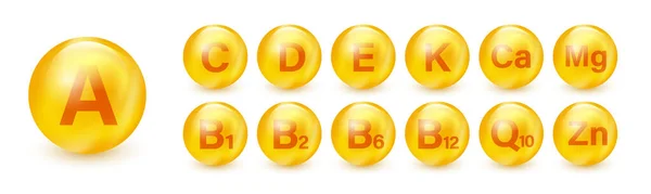 Set of Multi Vitamin complex icons. Multivitamin supplement. Vitamin A, B group B1, B2, B6, B12, C, D, D3, E, K, Mg, Ca, Omega. Essential vitamin complex. Healthy life concept