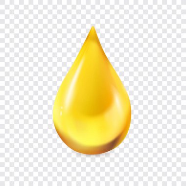 Oil drop vector illustration. Realistic golden droplet isolated on transparent background. Golden collagen essence, 3d vitamin icon. Healthcare and medicine concept. Illustration EPS10
