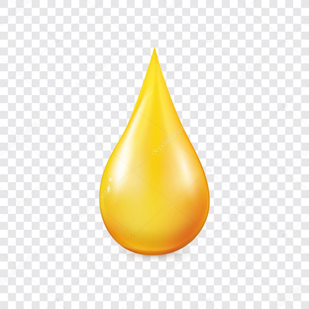 Oil drop vector illustration. Realistic yellow liquid droplet isolated on transparent background. Golden collagen essence, 3d honey drip icon. Industrial and petroleum concept. Illustration EPS10