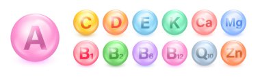 Set of Multi Vitamin complex icons. Multivitamin supplement. Vitamin A, B group B1, B2, B6, B12, C, D, D3, E, K, Mg, Ca, Omega. Essential vitamin complex. Healthy life concept