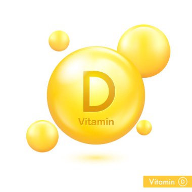 D vitamini sarı kapsül. Vektör altın balon. Güzellik tedavisi için vitamin kompleksi. Deri bakımı için. Tıbbi ve bilimsel tema. 3d gerçekçi vektör EPS10