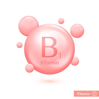 B1 vitamini hap kapsülü ikonu. Sağlık reklamları için vitamin kompleksi baloncukları. Parlak pembe madde damlası. Vektör illüstrasyonu
