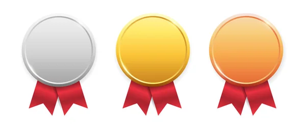 Sports medals. Golden silver bronze medal with red ribbon. Champion winner awards. Vector isolated template