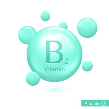 B 2 vitamini parlayan hap kapsülü ikonu. B grubu Riboflavin ile vitamin kompleksi. Yuvarlak madde damlası. Heath reklamları için ilaçlar. Vektör illüstrasyonu