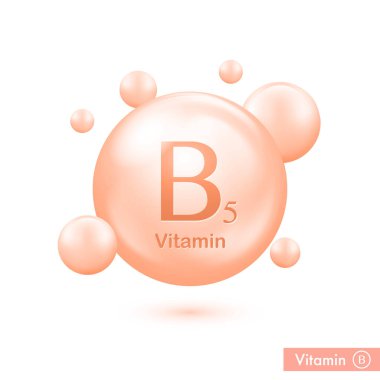 Vitamin B5 shining pill capcule icon . Vitamin complex molecula, group B, Pantothenic acid. Essence drop. Meds for heath ads. Vector illustration