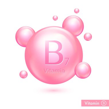 Vitamin B7 capsule. Vector icon for health. Pink shining pill complex