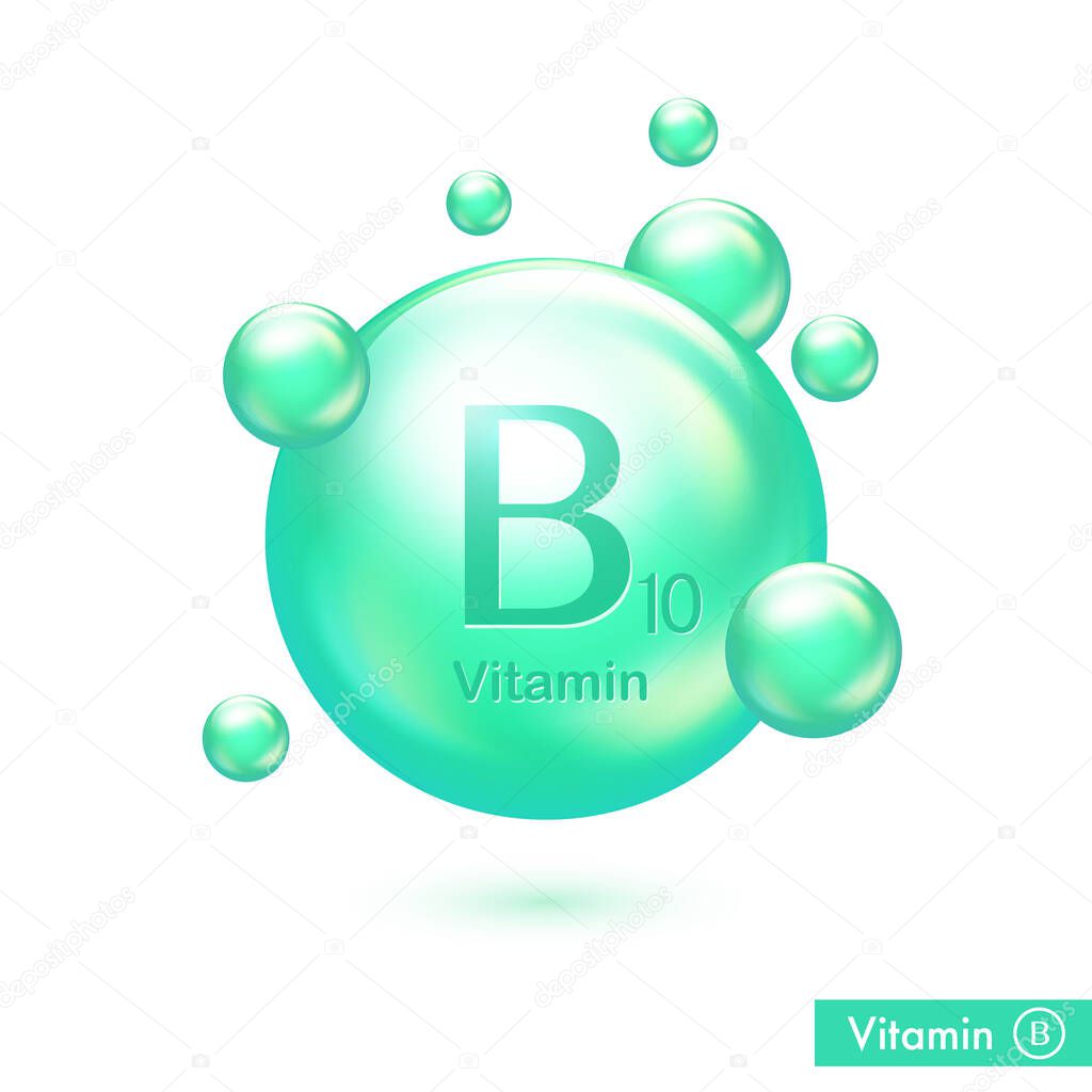 Vitamin B10 in 3d style on white background. Vitamin green drop pill capsule for health care. Isolated vector illustration