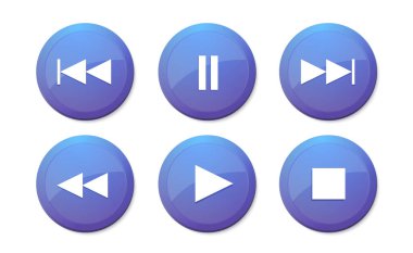 Çevrimiçi müzik çalar vektör düğmeleri. Modern tasarım durdurma düğmesi. Mavi grafik arayüz izole edilmiş düğme ayarlandı. Beyaz arkaplanda video uygulaması simgeleri. Parça listesi kontrol işaretleri