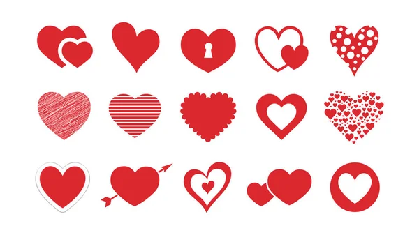 Kalp Sembolü Kırmızı Vektör Koleksiyonu Şekillendirir Beyaz Arkaplanda Çeşitli Düz — Stok Vektör