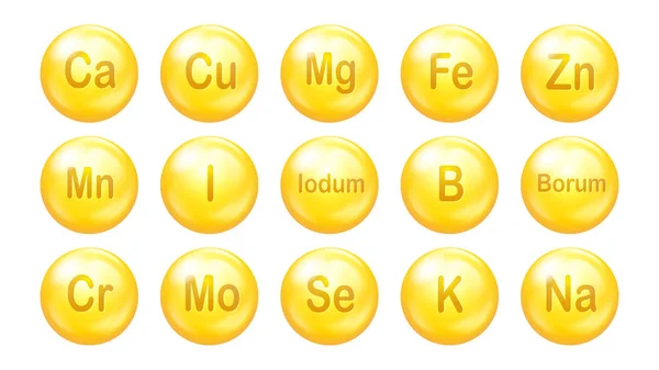 Mineralen Icoon Vectorset Pillen Laten Capsules Vallen Gouden Abstracte Tabletten — Stockvector