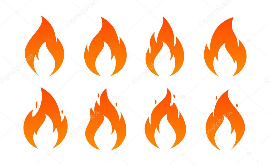 Fire flame icons. Vector simple burning campfire silhouette symbols, hot chile sauce, bonfire shape. Set of fire logos
