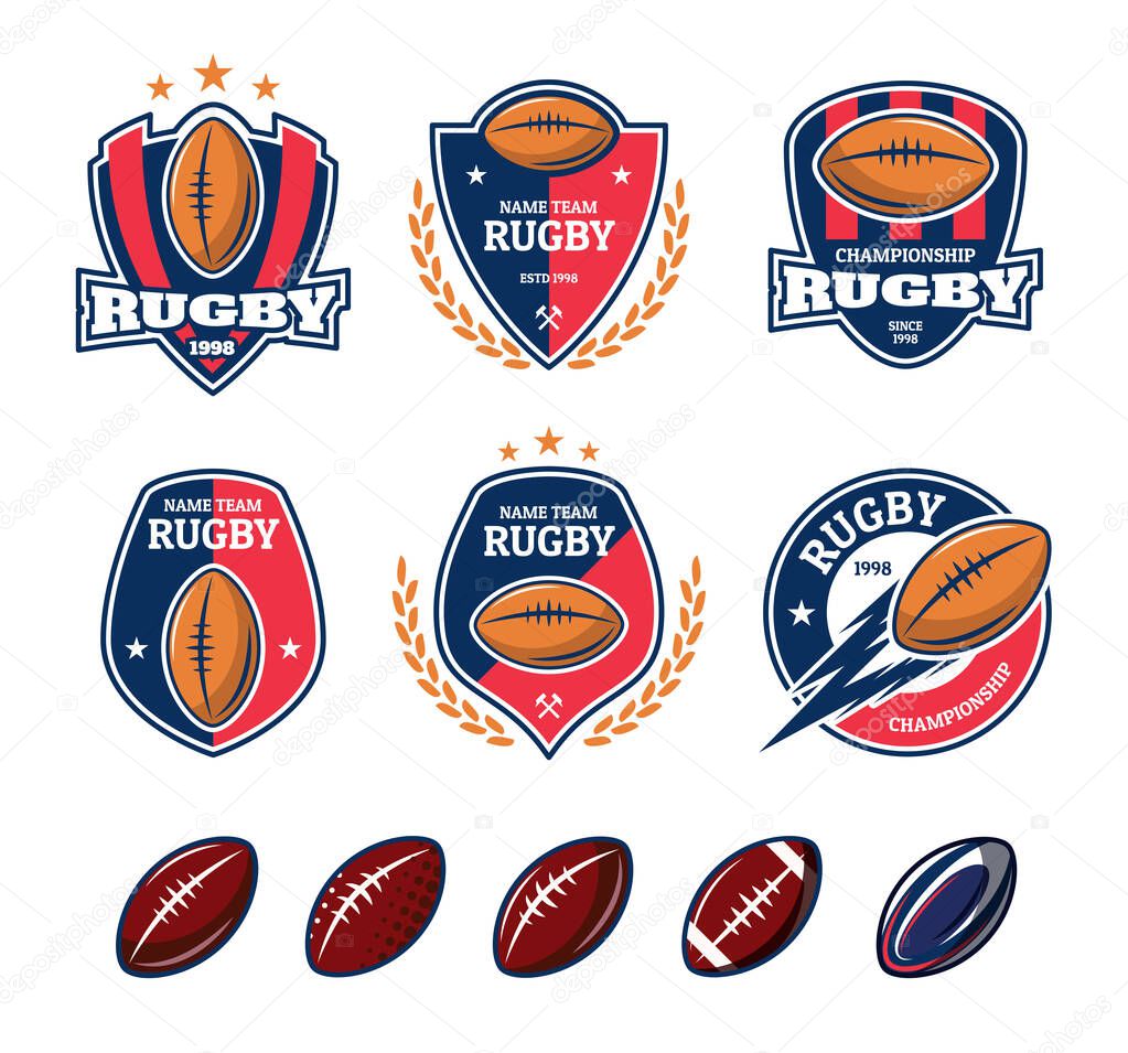 Set of vector logos american football. Collection of team emblems and renby championships. Ball in a frame with an inscription.