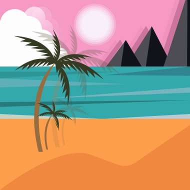 Palmiye ağaçları, deniz ve dağlar olan yaz manzarası, vektör illüstrasyonu, tatil