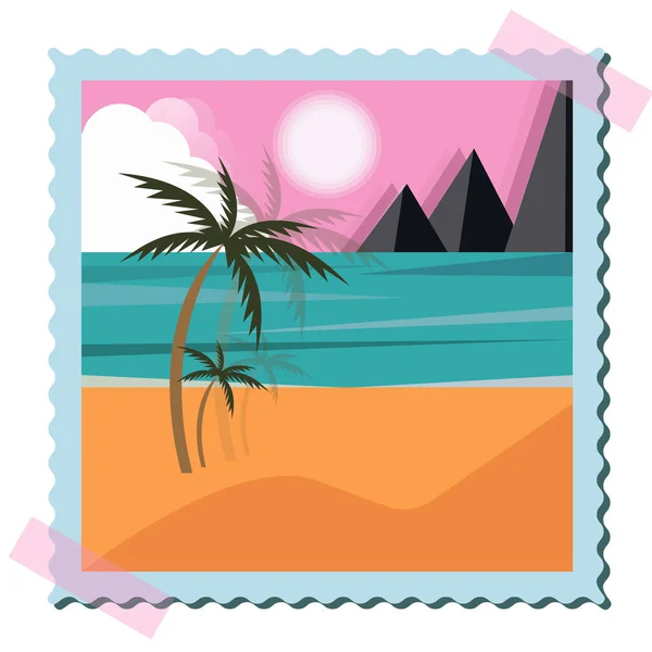 Una Trampa Paisaje Verano Con Palmera Mar Montañas Ilustración Vectorial — Archivo Imágenes Vectoriales