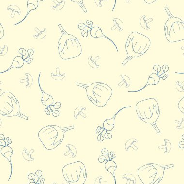 Vektör sebzeler, mantarlar, turplar, dikişsiz patlıcan deseni. Vektör