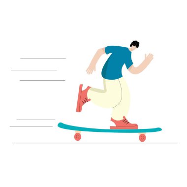 Genç bir adamın kaykay ya da kaykayla sörf yapmaya gitmesinin vektör çizimi.