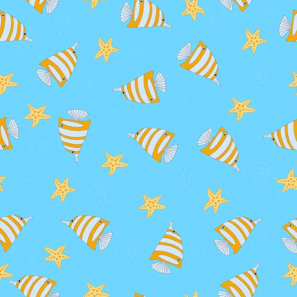 Seamless vector pattern. Underwater world with beautiful fish and starfish. — 스톡 벡터