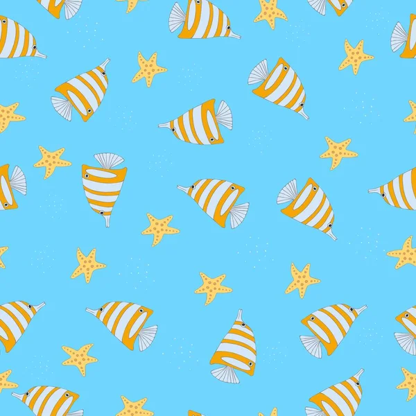 Seamless vector pattern. Underwater world with beautiful fish and starfish. — Vetor de Stock