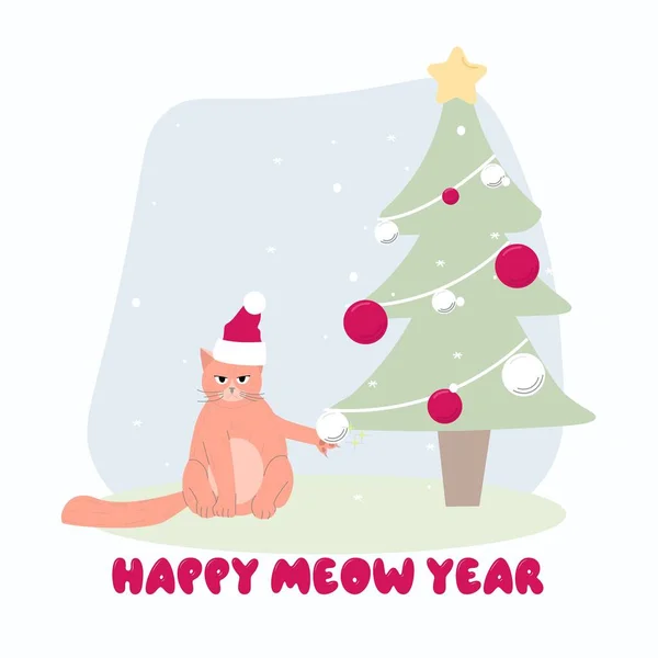 Red Cat Santa Claus Hat Sit Christmas Tree Going Drop — 스톡 벡터