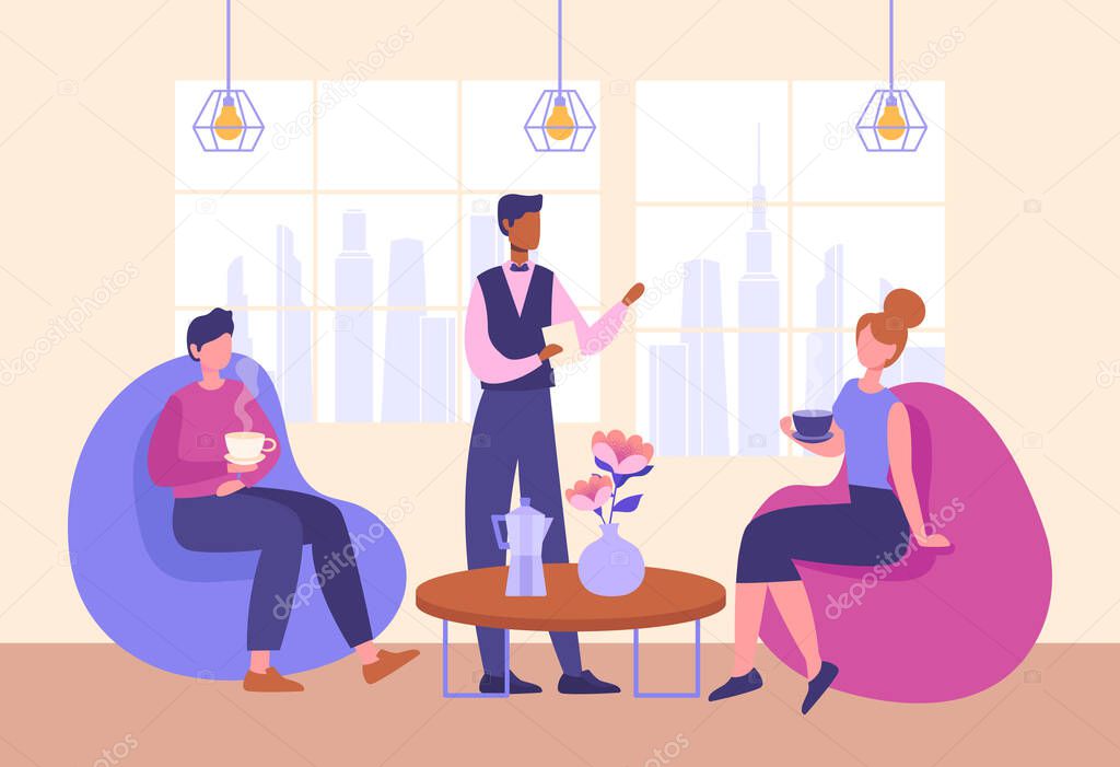 People meeting in coffee shop. Employees sitting in cafe on break and discussing new project. Waiter serves visitors. Date at restaurant. Cartoon flat vector illustration isolated on white background