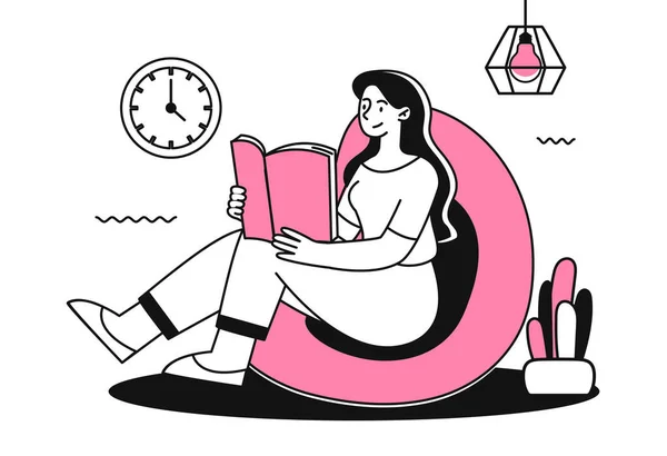 Chica sentada en el sofá y leyendo libro — Archivo Imágenes Vectoriales