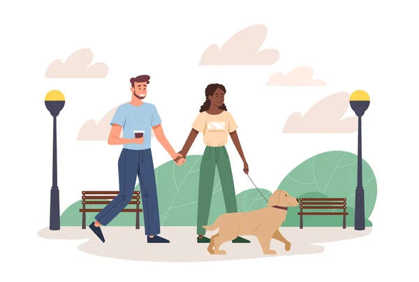 Pareja caminando con perro — Vector de stock