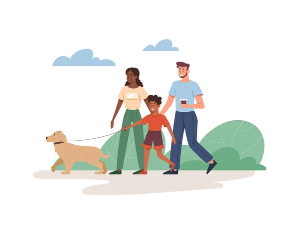 Family walks with dog — Stok Vektör