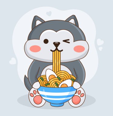 Şirin shiba inu köpek ramen yiyor.